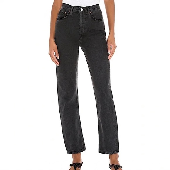 AGOLDE 90s Pinch Waist High Rise Distressed Jeans Straight Leg Black Wash - Picture 3 of 15